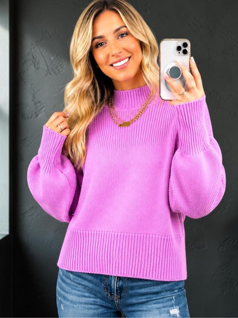 Zenana Pink Purple Balloon Sleeve Mock Neck Sweater Ribbed Knit Pullover NWT